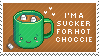 Brown stamp with pixel art smiling cup of hot chocolate with mini marshmallows and the text 'I'm a sucker for hot choccie'