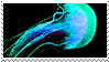 Gif stamp of a neon colored moving jellyfish on a black background